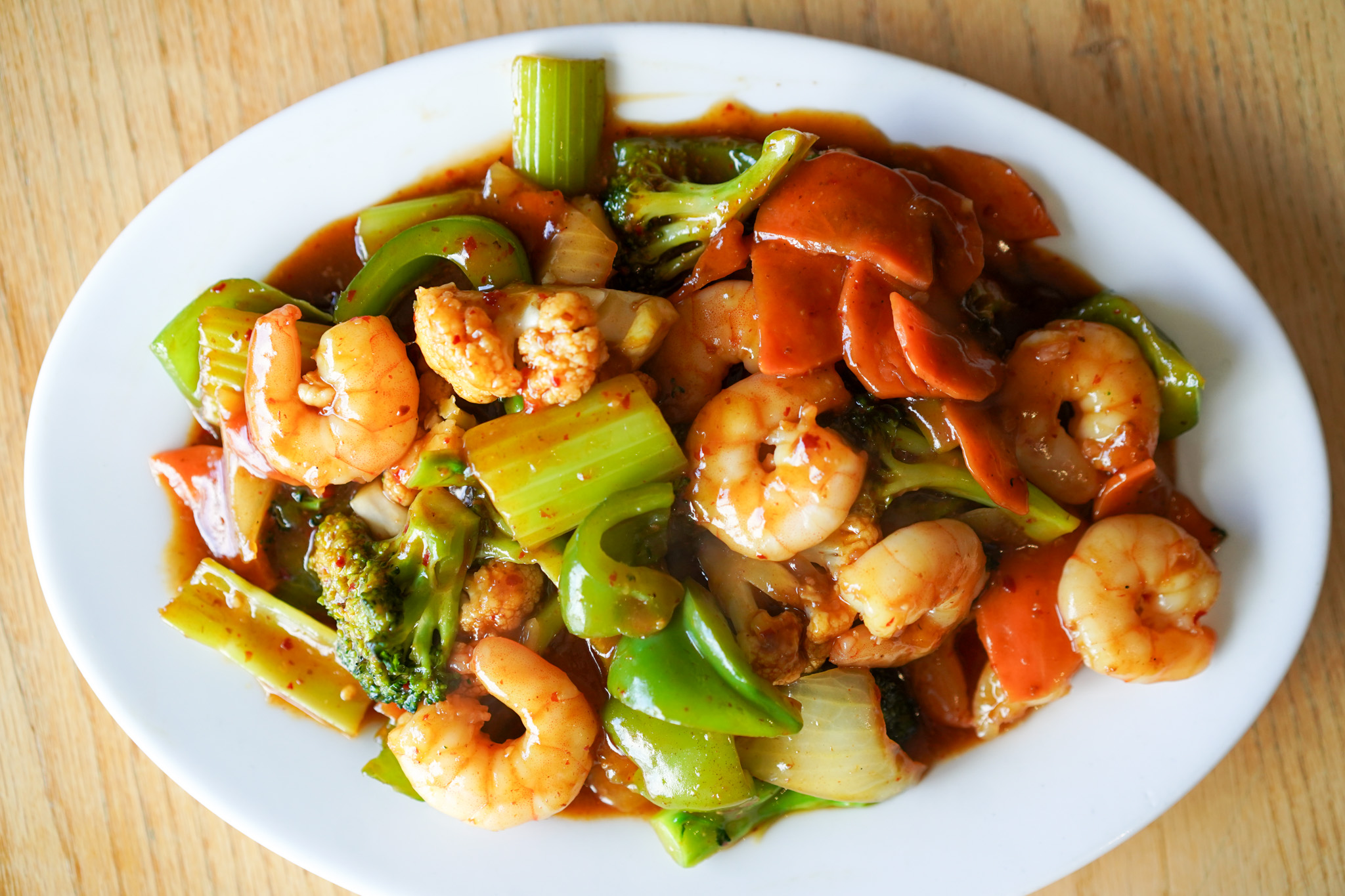Shrimp and vegetables served at Riverside Restaurant